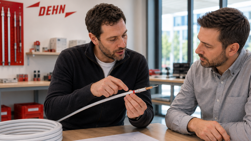 Men talk HVI external lighning protection lab offices DEHN