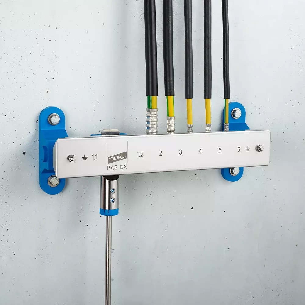 Wall-mounted grounding bar labeled "PAS EX" with numbered terminals and connected black and yellow-green cables on a light gray wall.