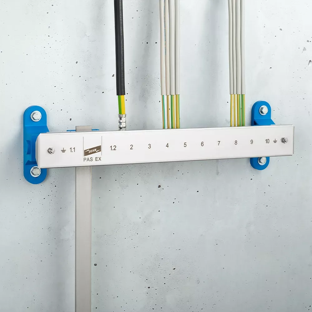 Wall-mounted grounding bar labeled "PAS EX" with numbered terminals and connected black and yellow-green cables on a light gray wall.