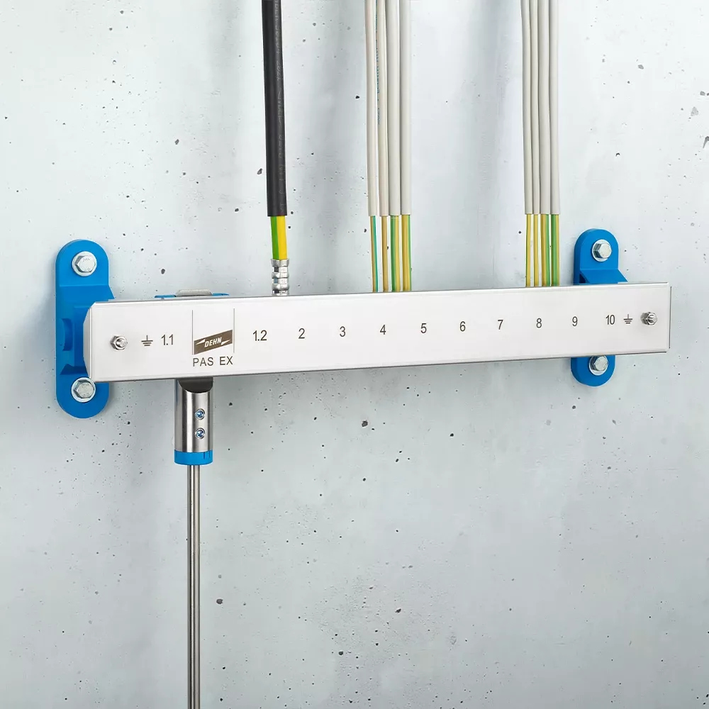Wall-mounted grounding bar labeled "PAS EX" with numbered terminals and connected black and yellow-green cables on a light gray wall.