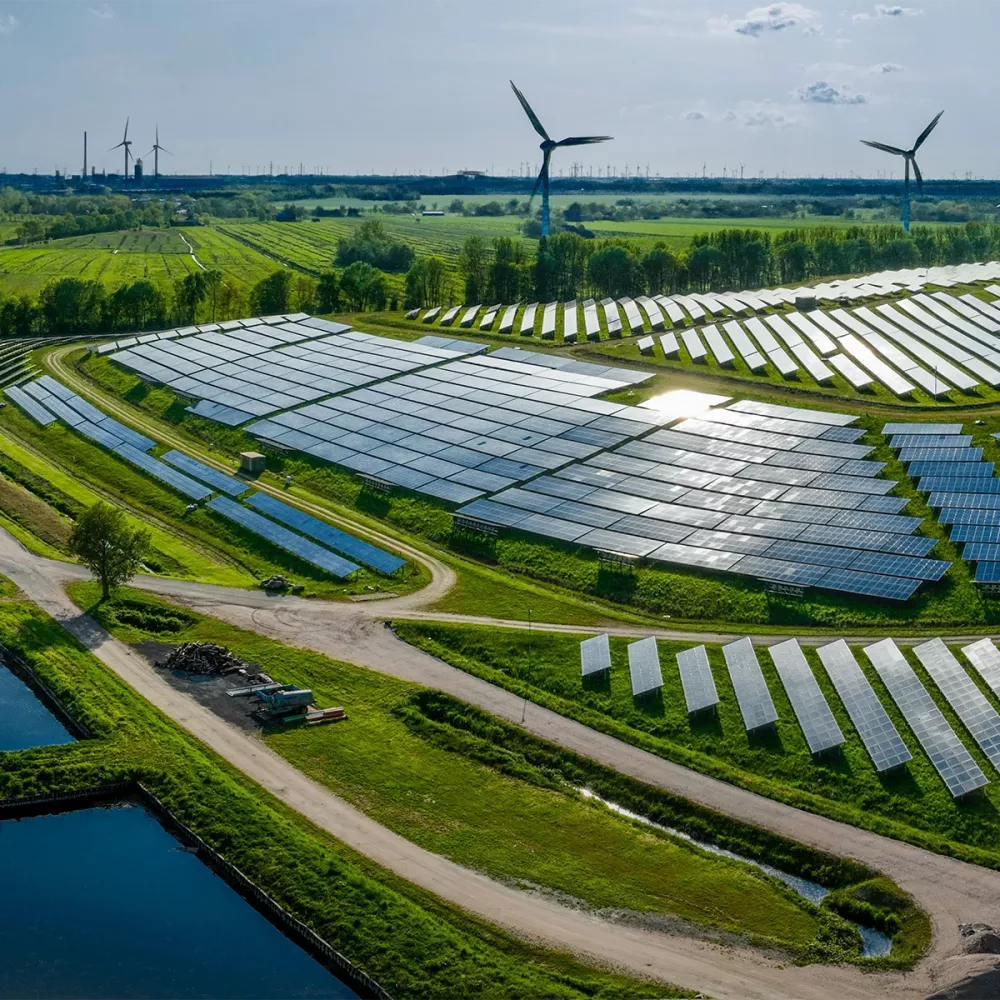 Large solar power plant with rows of photovoltaic panels across green fields, wind turbines visible in the background.